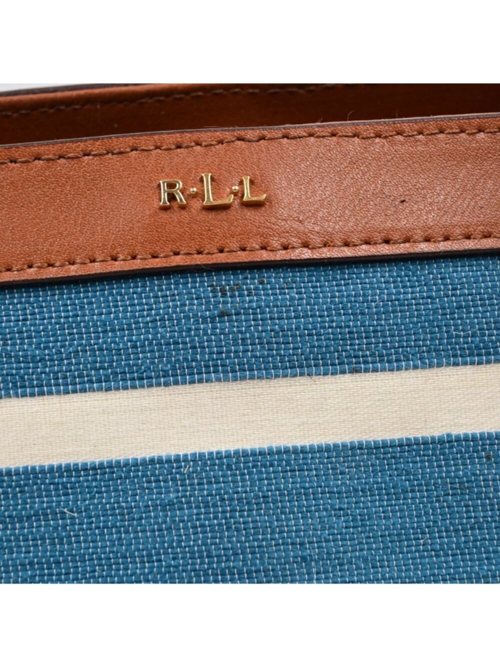 Lauren Ralph Lauren Fairfield City Striped Canvas Tote Bag Tan Leather Trim - Picture 3 of 16